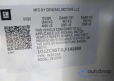 2020 Chevrolet Malibu Fwd 1Fl из США, поврежденный, VIN 1G1ZC5ST3LF141898